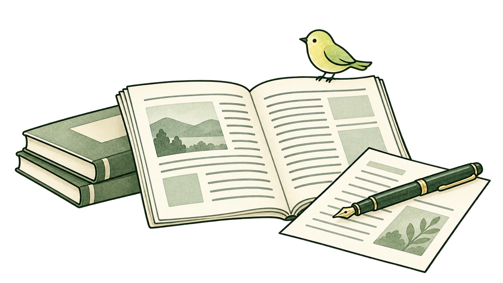 開いた記事と本、ペン、便箋に小鳥がとまる手描きのイラスト
